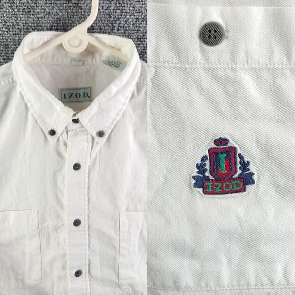 VTG IZOD White Long Sleeve Button Up Cotton Large Contrast Buttons Pocket Logo - Picture 1 of 16